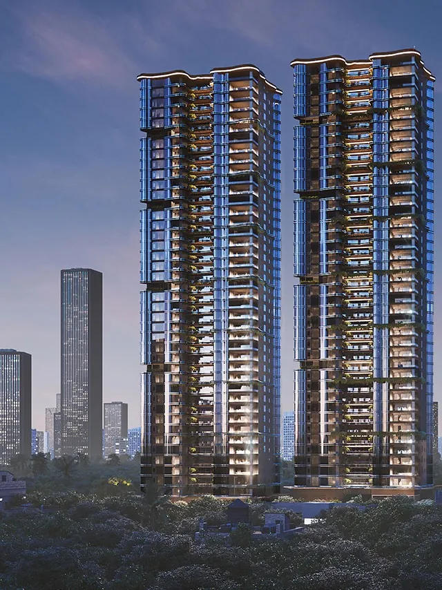 The Twins by DSR, Puppalaguda, artistic impression The two towers of The Twins by DSR above the trees at dusk
