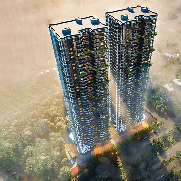The Twins by DSR, Puppalaguda, artistic impression The two towers of The Twins by DSR seen from above, among green landscaping