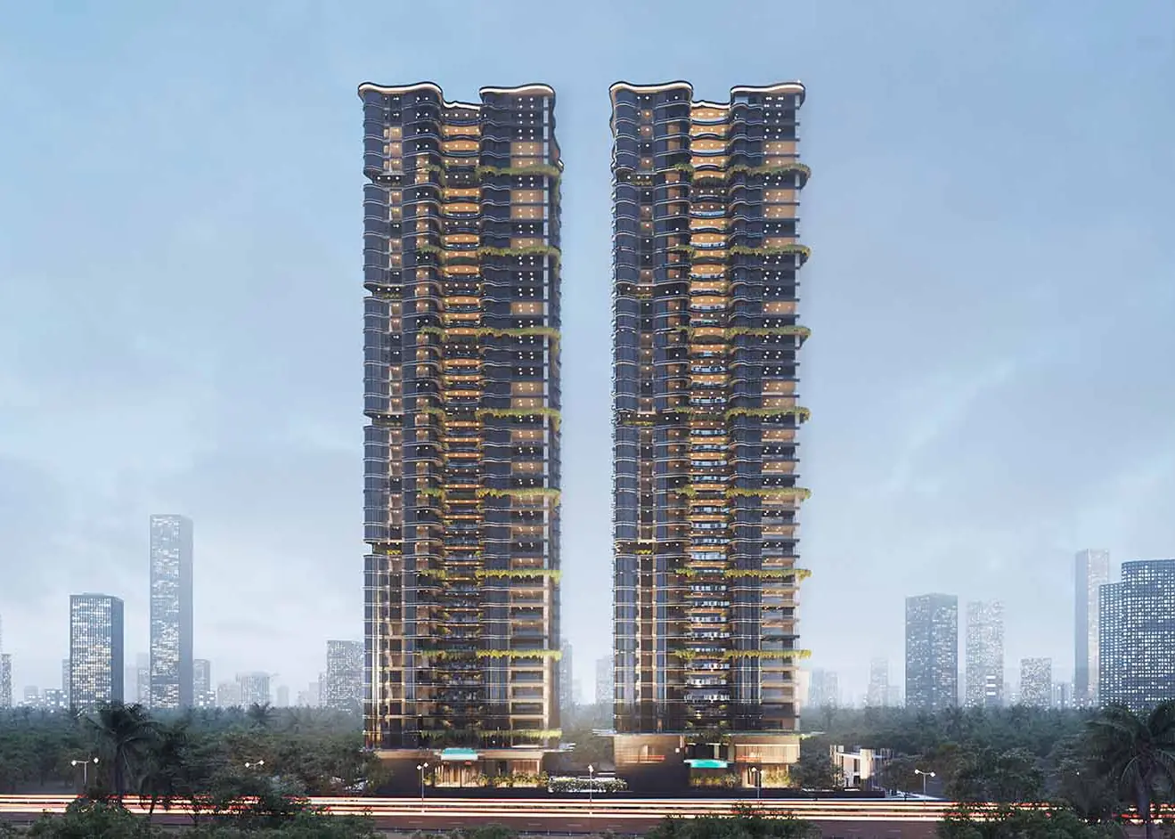 The Twins by DSR, Puppalaguda, artistic impression Two glass towers rising above the city skyline at The Twins by DSR